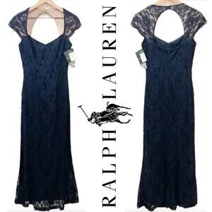 $398 RALPH LAUREN Lace & Floral Print Navy Blue Dress Gown – Size 8 / Medium